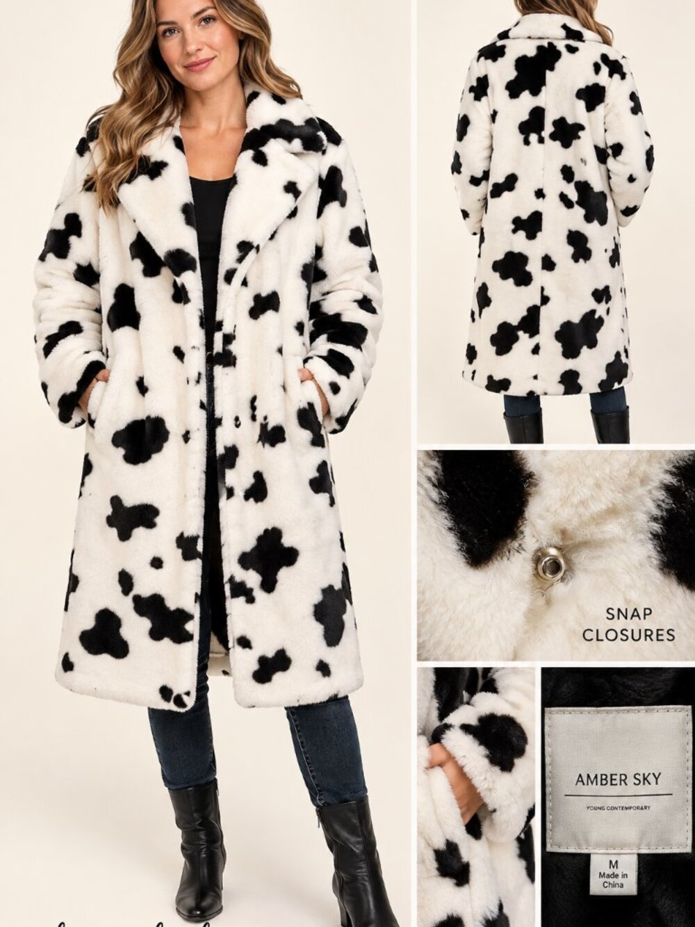 NWT Amber Sky Cow Print Faux Fur Statement Coat – Size Medium 42 in Long